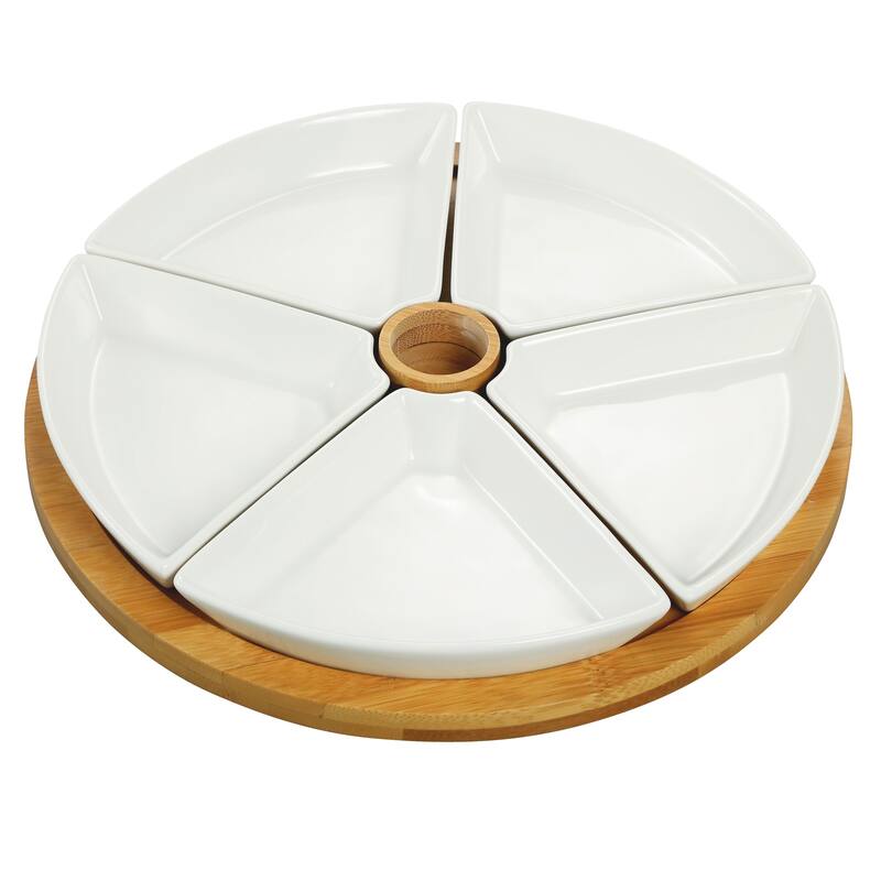 Stoneware and Bamboo Sectioned Appetizer Serving Tray 6 Piece Set