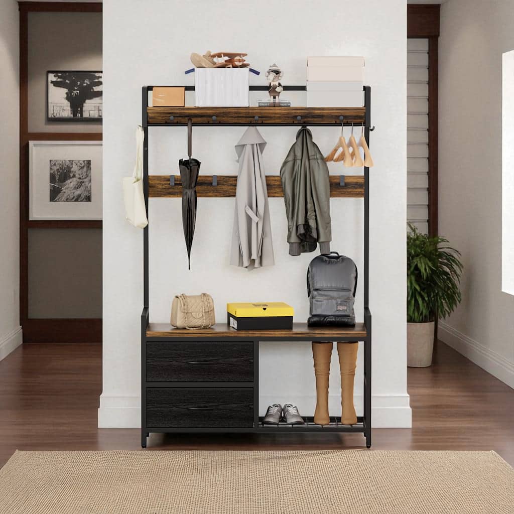33.1 in Hall Tree with 23 Hooks, 2 Fabric Drawers, 3-Tier Shoe Storage, Bench & Garment Rod, 70.9 in H Entryway Organizer