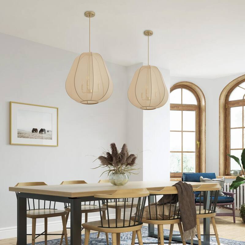 Beige 3-Light Elastic Fabric Shade Pendant Lighting Fixture for Boho Decor