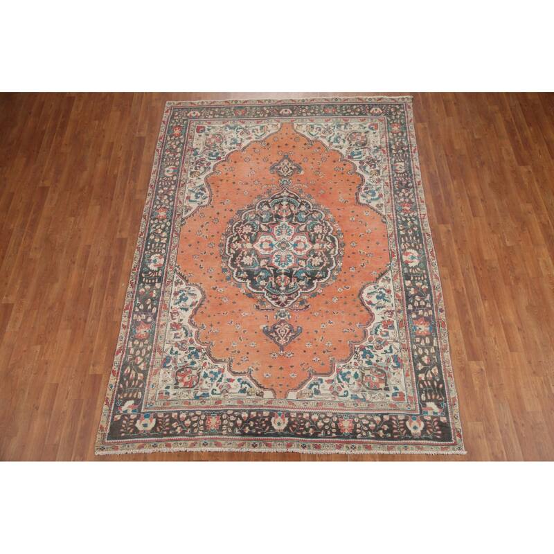 Hand Knotted Oriental 100% Wool Carpet Traditional Floral Oranges & Rust Tabriz Area Rug - 9' 3'' X 6' 8''