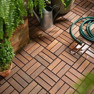 NOVO Solid Acacia Deck Tiles 12 Slats Interlocking Flooring Tiles Checker Pattern (10 Pack)