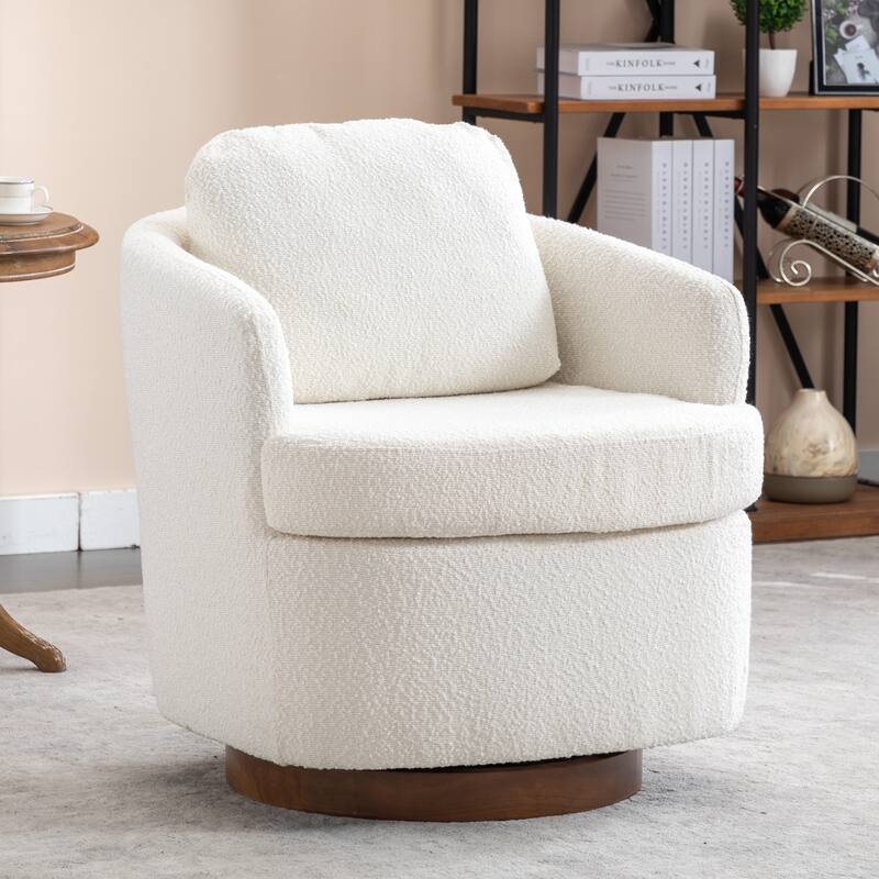 Boucle Fabric Swivel Accent Chair With Soild Wood Round Brown Base Leg - Ivory