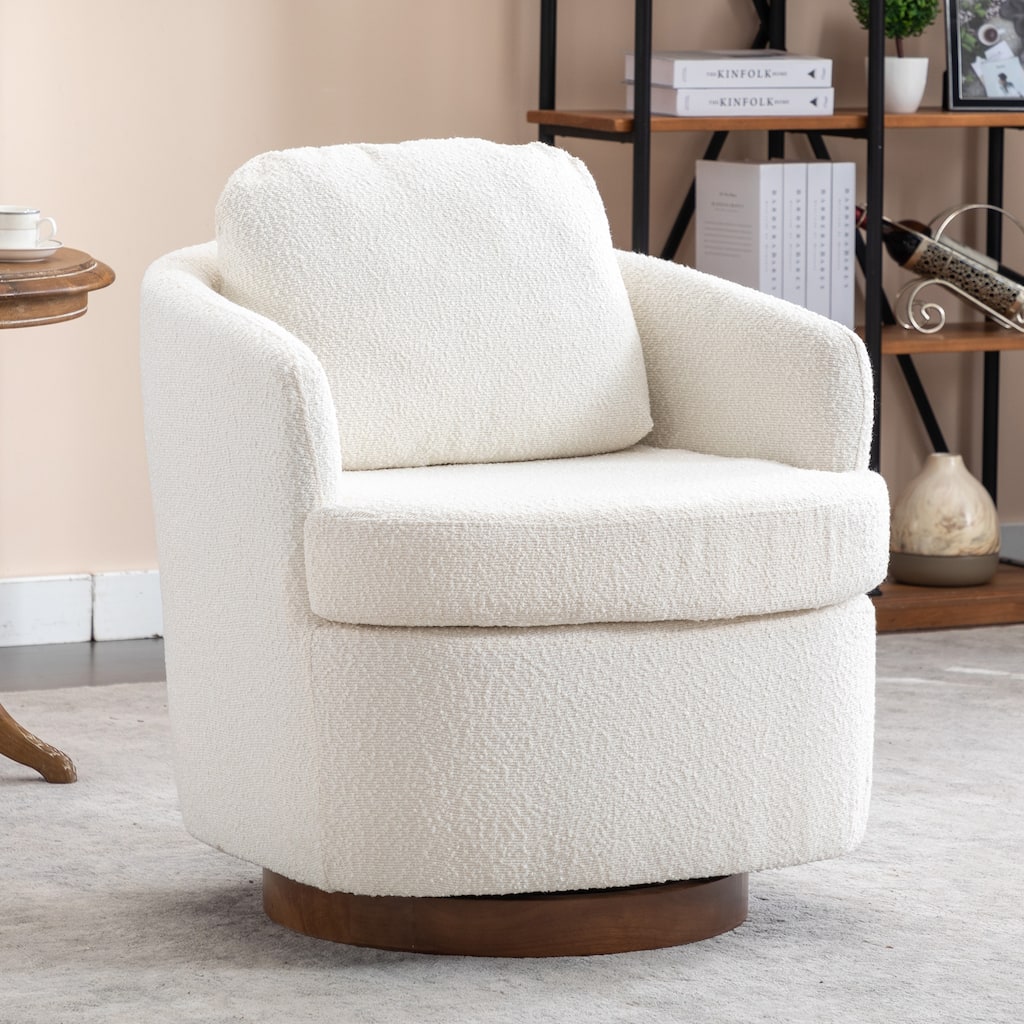 Boucle Fabric Swivel Accent Chair With Soild Wood Round Brown Base Leg