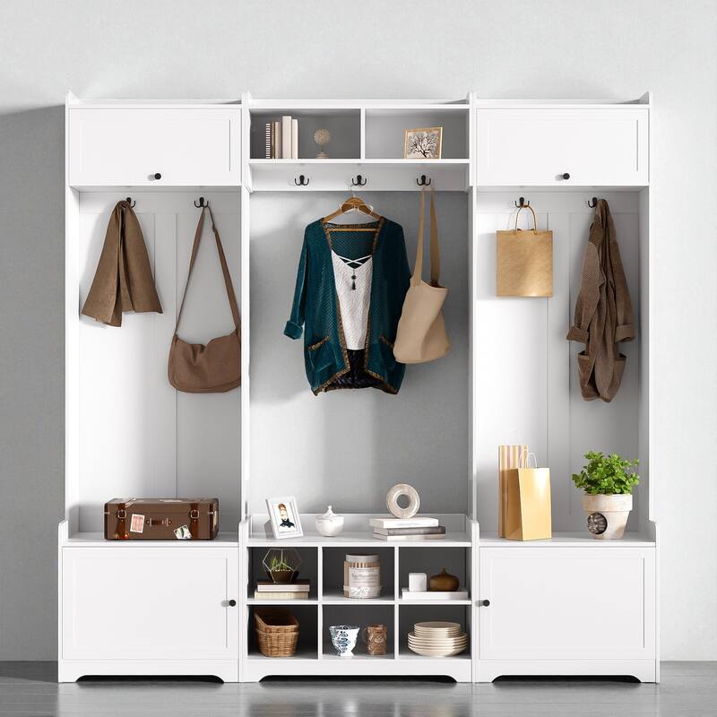 79.1'' Wide Modern 4-in-1 Hall Tree with Bench, 8 Cubbies, Adjustable Shelves & 7 Hooks for Entryway, Hallway, Living Room - White