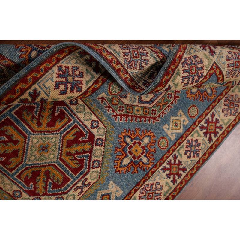 Blue Geometric Kazak Foyer Rug Hand-Knotted Wool Carpet - 3'5" x 4'11"