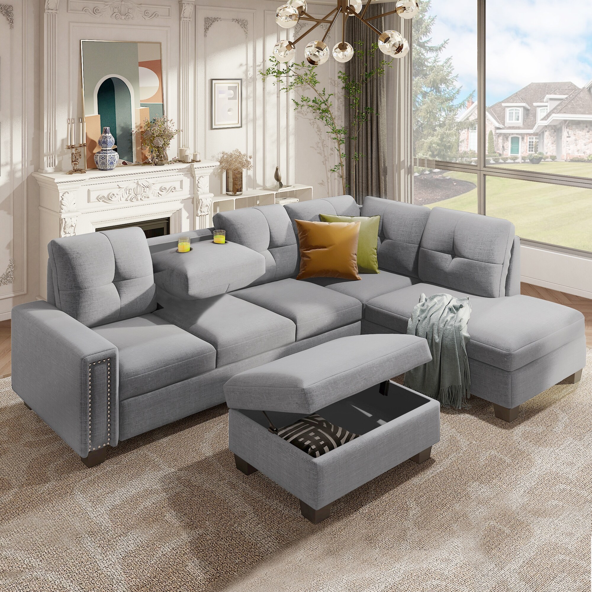 Light grey deals sectional with ottoman