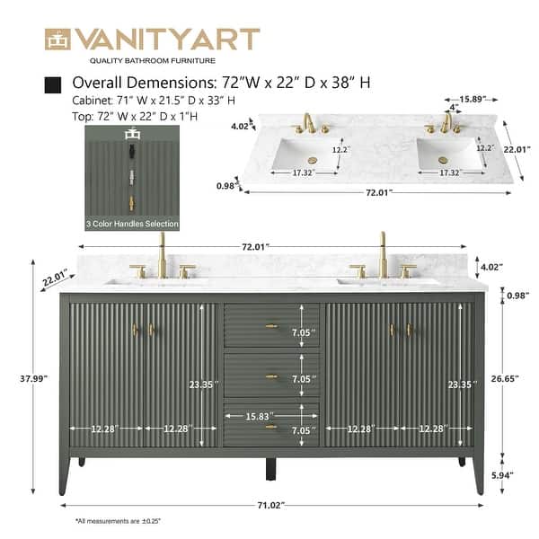 dimension image slide 9 of 10, Vanity Art 72" Double Sink Bathroom Vanity Cabinet with Engineered Marble Top