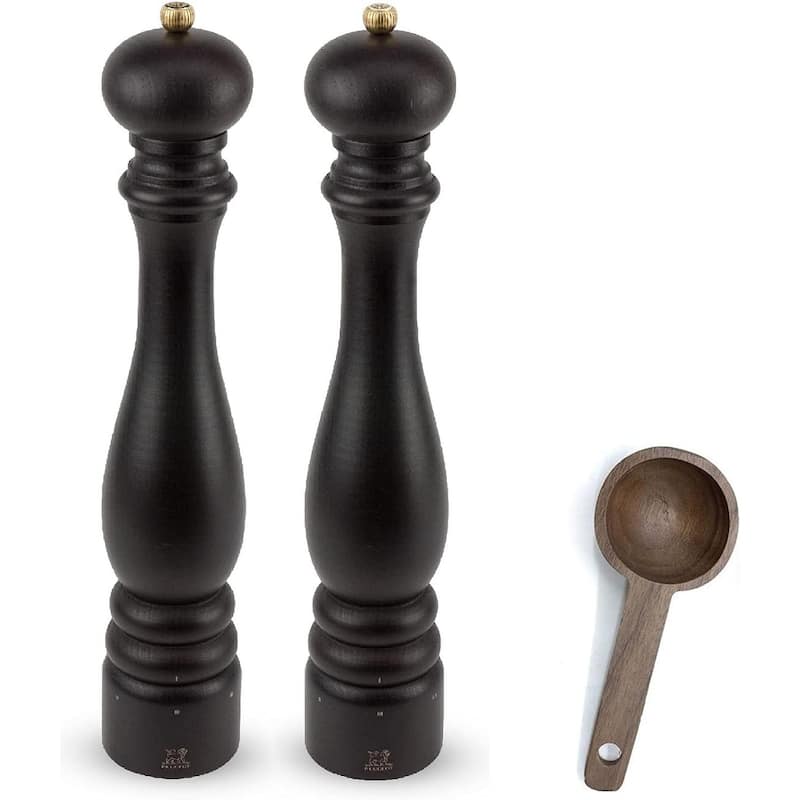 Peugeot Paris u'Select Salt & Pepper Mill Gift Set, Chocolate - With Wooden Spice Scoop (16 Inch) - Black - 3 Piece