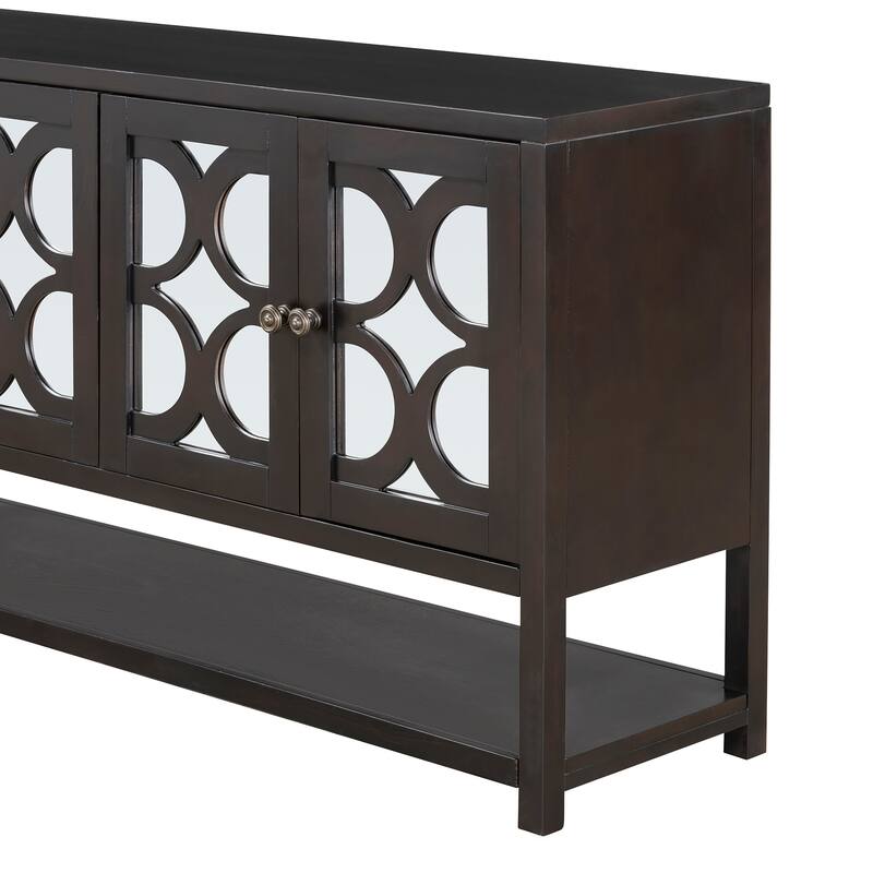 60" Retro Wooden Console Table Storage Cabinet with Mirrored Doors, Spacious Shelves and Acacia Wood Legs