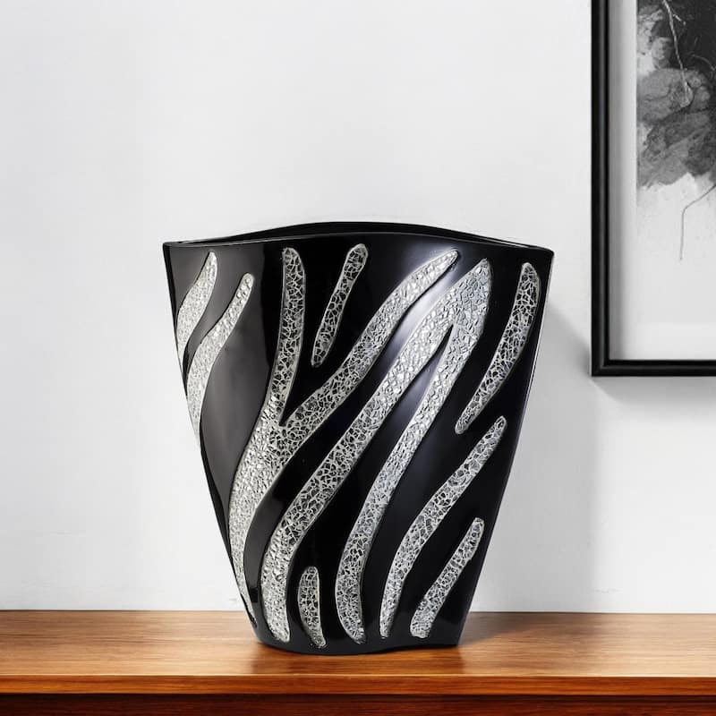 14" Black and Silver Striped Wavy Polyresin Table Vase for Home Decor - Black-Silver