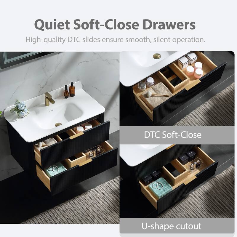 Modland Fluted Floating Vanity with Sink, Plywood Wall Mount Cabinet, Curved Edge, 24/30/36 Inch