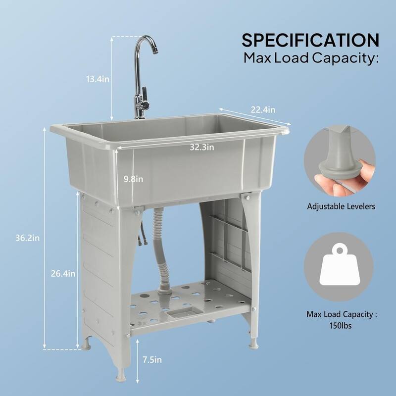 Utility Washing Room Sink Laundry Tub with Faucet & Shelf & Drainboard Black - 22.4"D x 32.3"W x 29.9"H