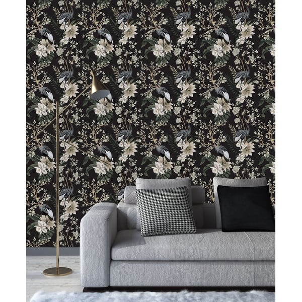Dark Floral Wallpaper with Birds Peel and Stick and Prepasted - Bed ...