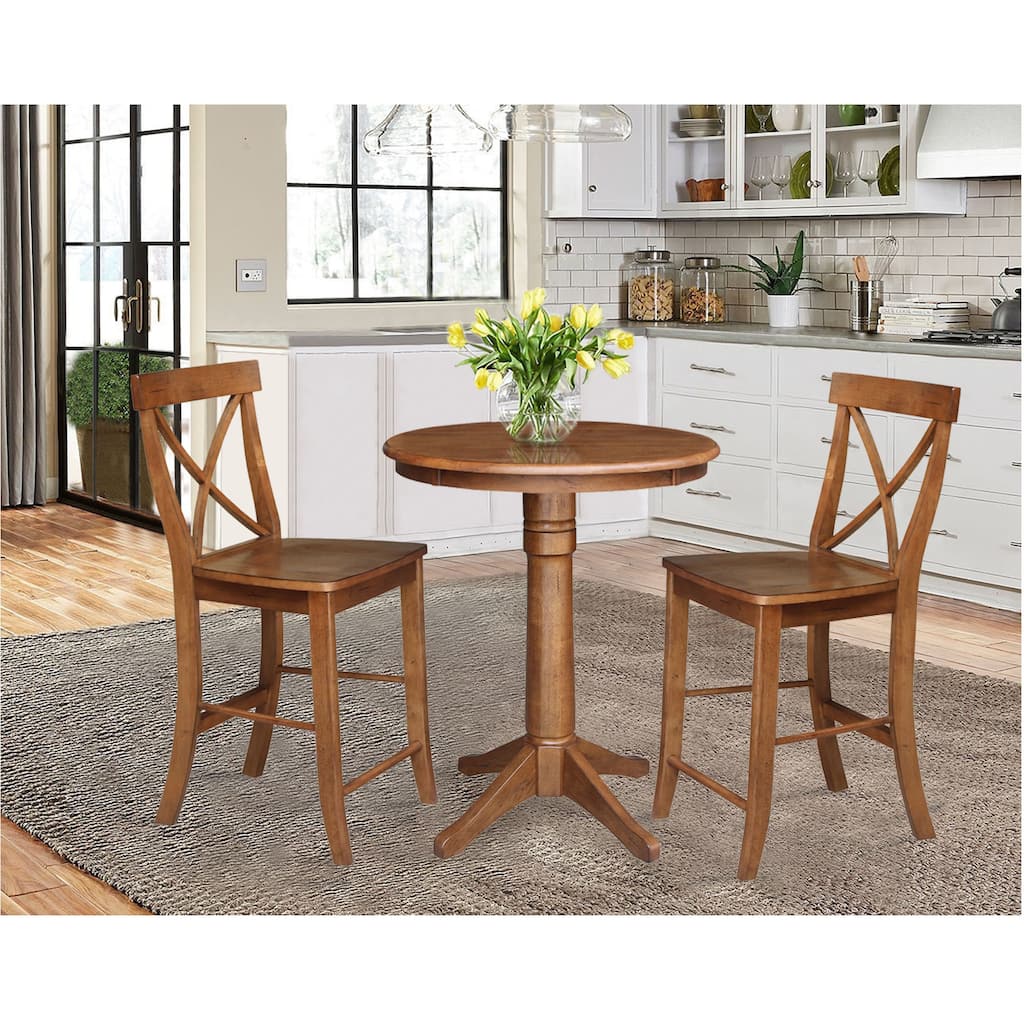 30" Round Pedestal Gathering Height Table with 2 X-Back Counter Height Stools - 3 Piece Set