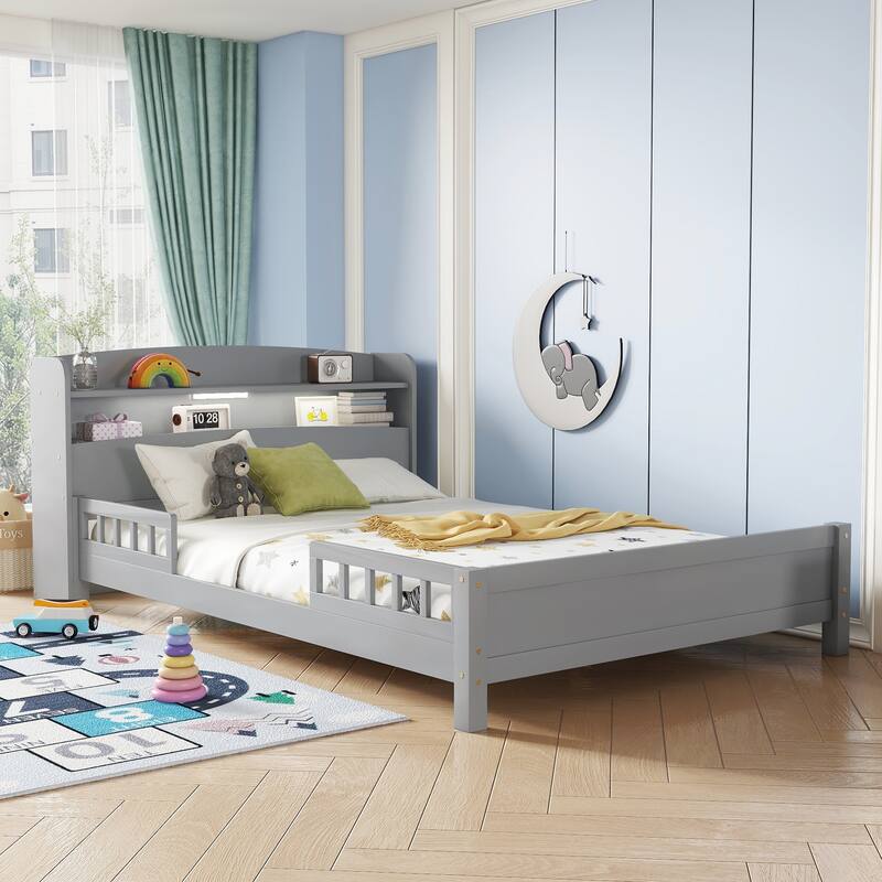Full Pine Wood Bed with Bookcase Headboard, LED Motion Sensor Light, Bed Guardrails, Grey