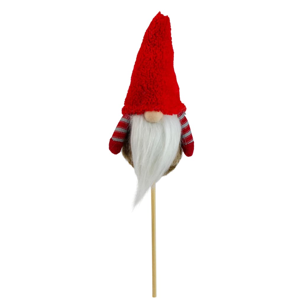 11.5" Tiny Gray Faux Fur Santa Gnome with Red Hat and Striped Arms on a Stick Christmas Decoration - 11.5