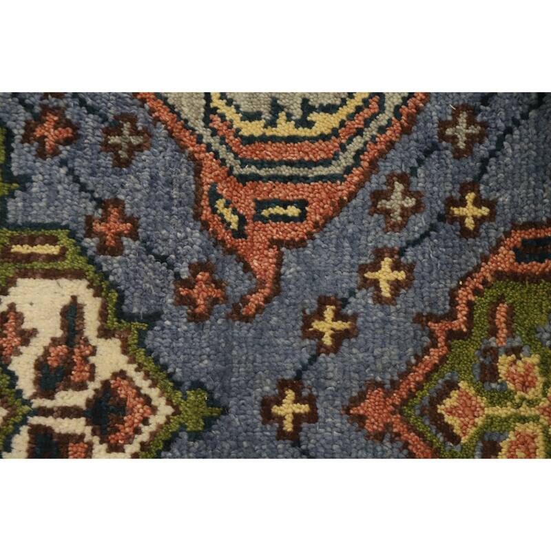 Hand Knotted Oriental 100% Wool Carpet Traditional Geometric Navy Blue & Blues Kazak Area Rug - 10' 2'' X 2' 6''
