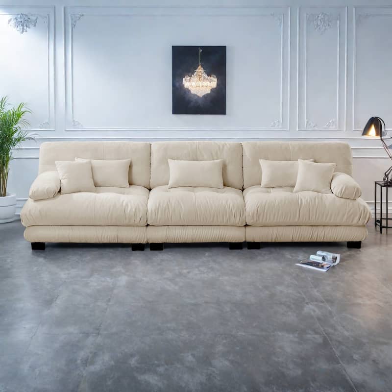 133.8" Chenille 4-Seat Sofa with Round Bolster Armrests, Deep Seat Cushions for Living Room - Light Coffee