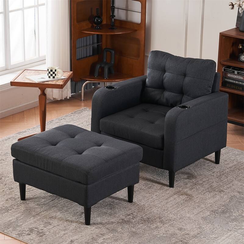 Upholstered Armchair and Storage Ottoman Set with Cup Holders - Dark Grey