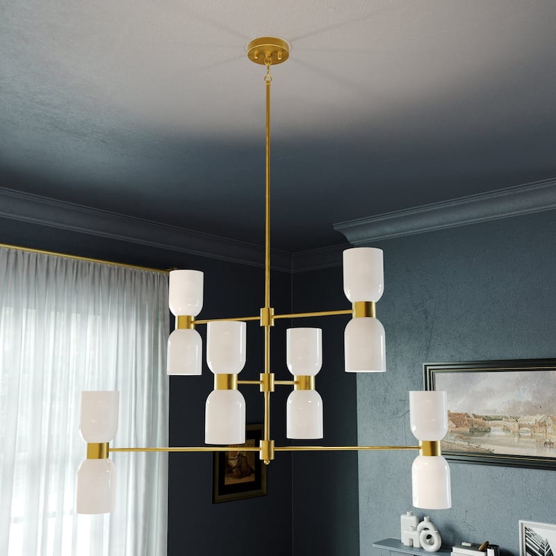 Acroma Gold 12-Light Dimmable Chandelier with White Glass Shades