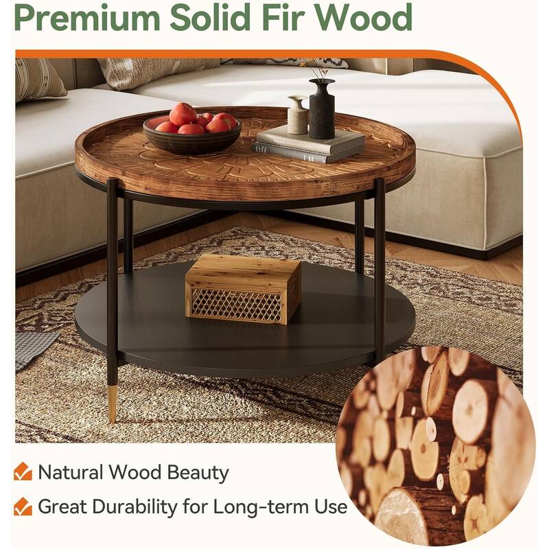 Solid Wood Round Coffee Table, 31.5-Inch Boho Center Tea Table