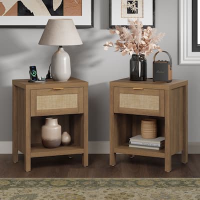 SICOTAS Farmhouse Set of 2 Nightstand with Charging Station and Drawers