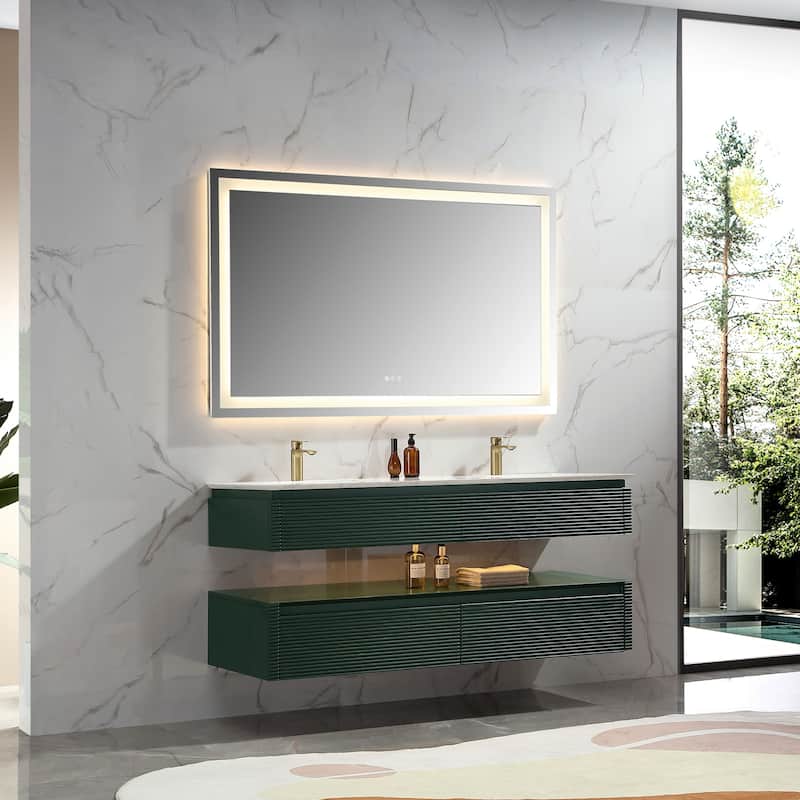 Modland 36/48 Inch LED Floating Vanity with Marble Top & Soft-Close Drawer - Green/White, Wall Drain Ready
