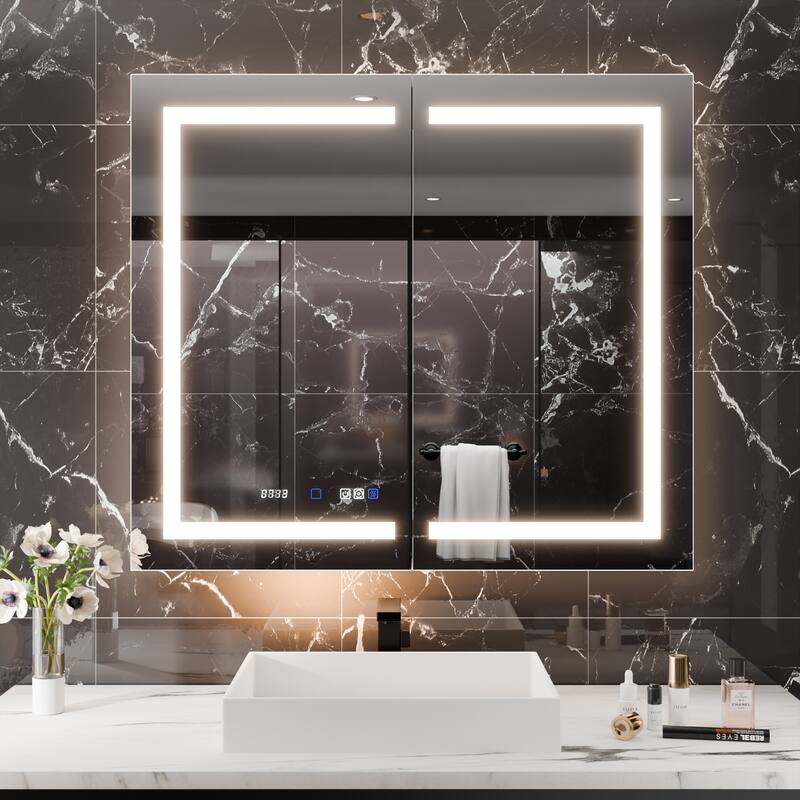 36'' H Recessed or Surface Mounted Bathroom LED Mirror Cabinet With Defogger, Dimmer, 10x magnifying