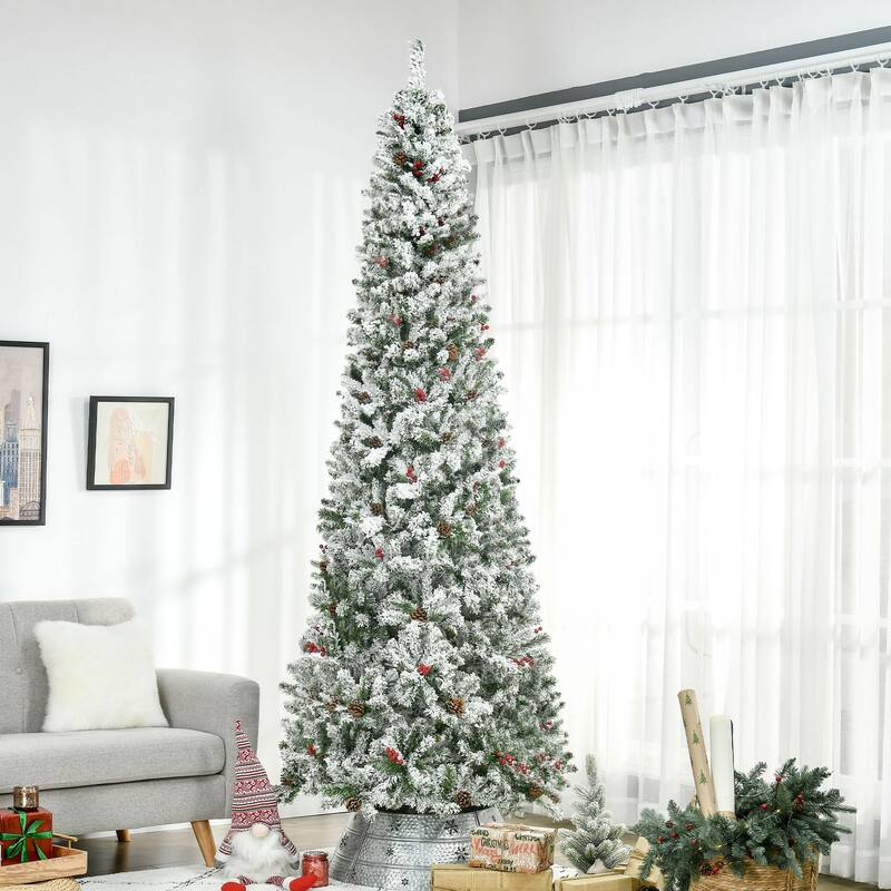 9' Snow Flocked Pencil Christmas Tree with Red Berries, Pine Cones, & Realistic Branches, Auto Open, Green