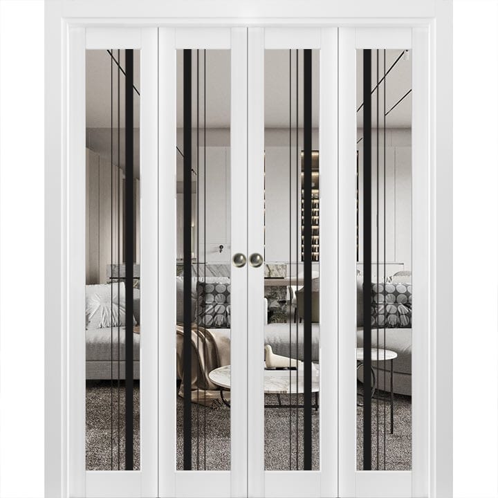 Double Bi-fold Doors Lucia 2566 White Silk Clear Glass Sturdy Tracks - White - 72" x 96" (4* 18x96)