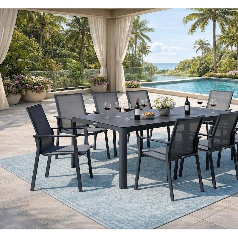 Alva Dark Grey 9-Piece Aluminum Outdoor Dining Set with Sling Set in Pewter - N/A