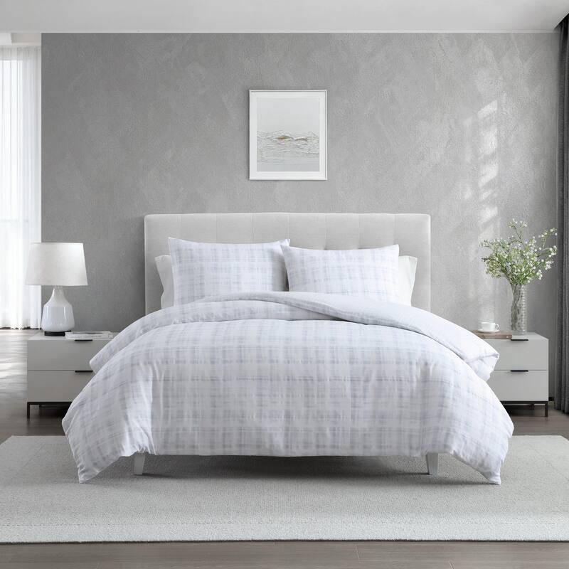 Vera Wang Blurred Plaid Cotton Comforter Set Reversible (Blue, 3 Piece)