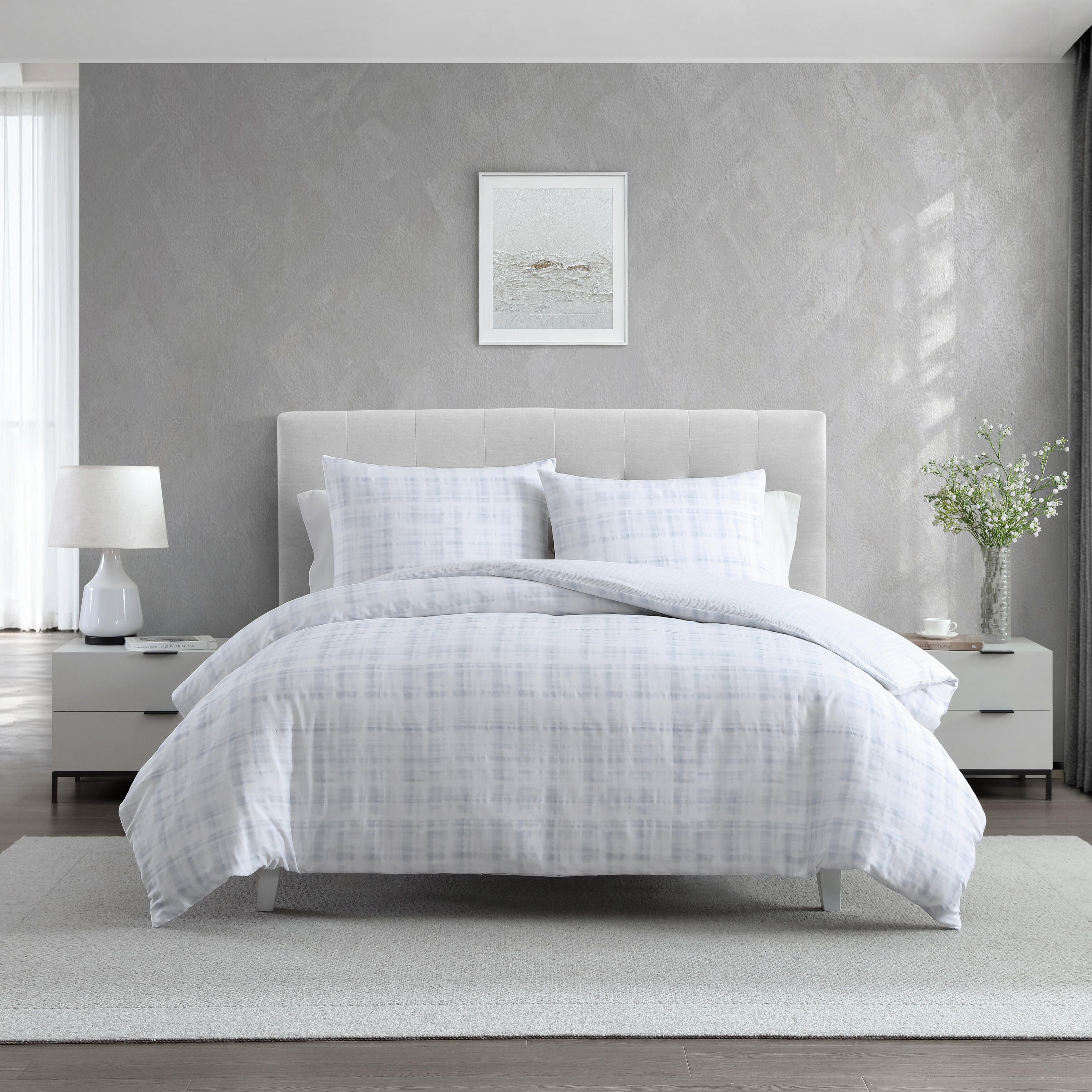 Vera Wang Blurred Plaid Cotton Sateen Textured Reversible Duvet Cover Set (Blue, 3 Piece)