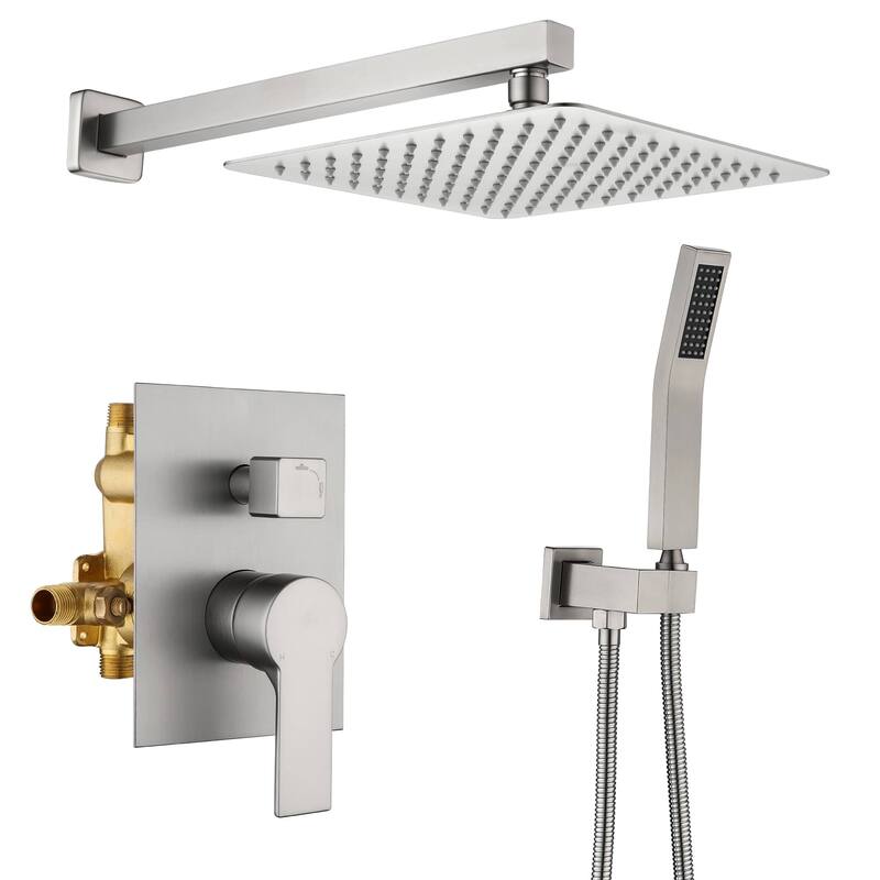 Wall Mounted Shower Faucet With Hand Shower Modern Shower System Set 10 Inch Rainfall Shower Head With Pressure Balance Valve - Brushed Nickel