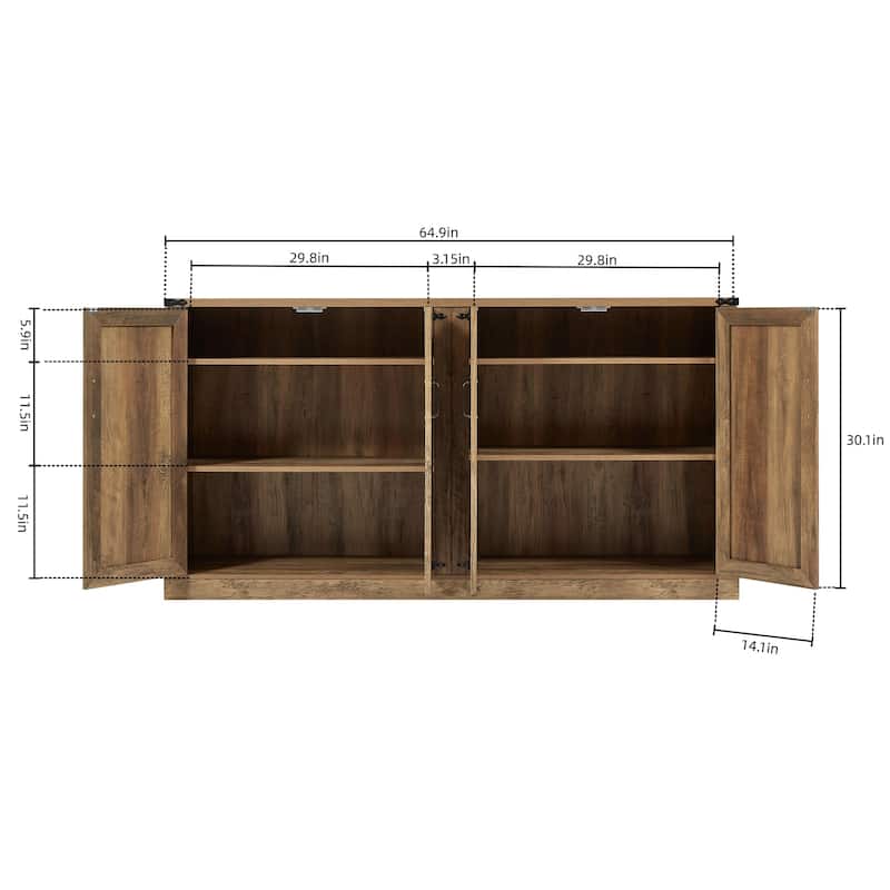 Faux Rattan 4-Barn Doors Sideboard with Adjustable Shelf