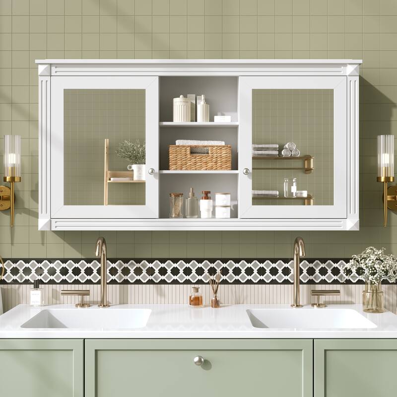 55" Wall-Mount 2-in-1 Mirror Cabinet with Adjustable Shelves & Soft-Closing Hinges, HD Bathroom Storage Organizer