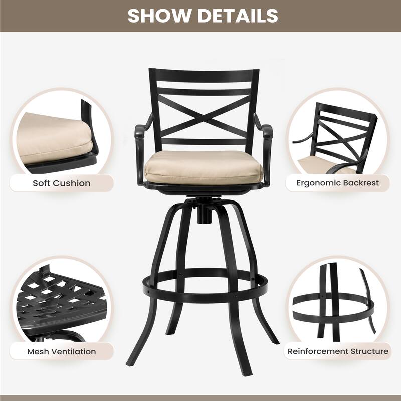 Outdoor Indoor Aluminum Swivel Patio Bar Stools Dining Chairs with Removable Sunbrella Cushion