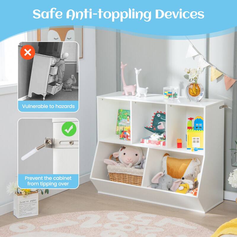 5-Cube Wooden Kids Toy Storage Organizer with Anti-Tipping Kits - 35.5" x 16" x 30"