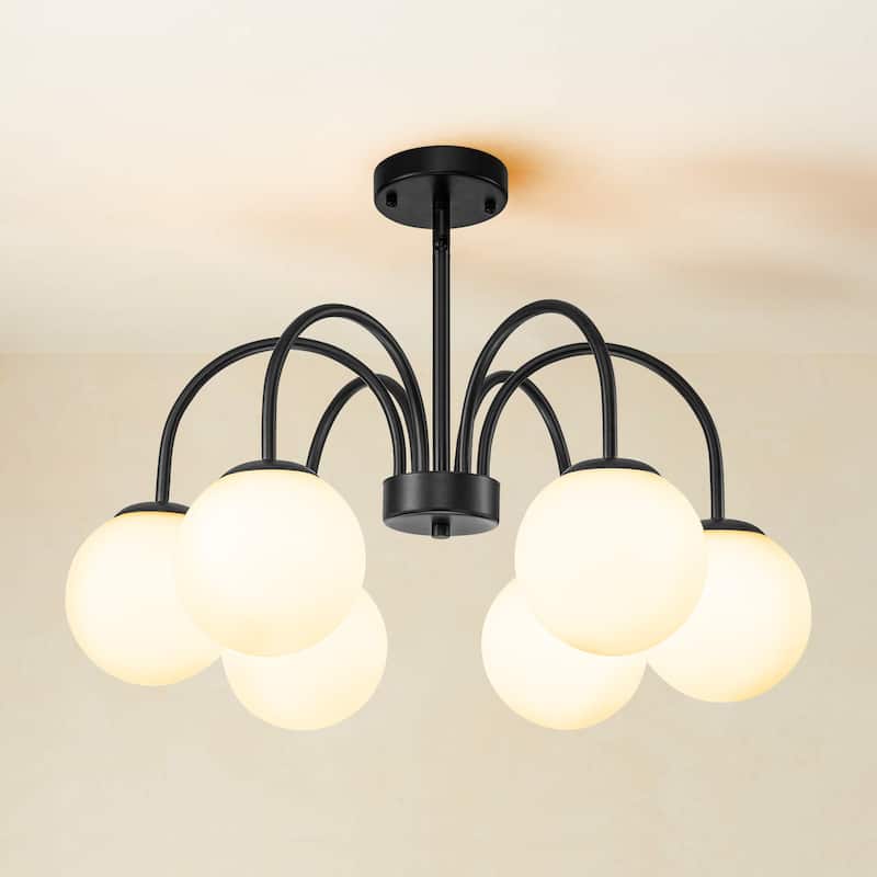 6/ 10-light Mid-Century Modern Black/ Brasss Round Sputnik Glass Globe Bubble Chandelier with Frosted Opal Glass Globe