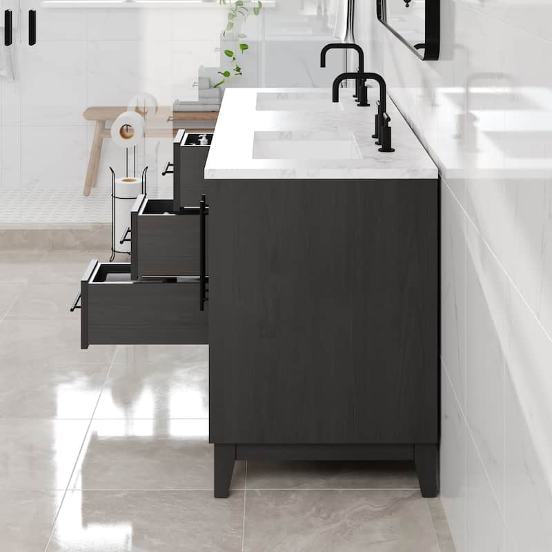 Graham 60"W Double Sink Bath Vanity with White Arabescato Engineered Stone Top