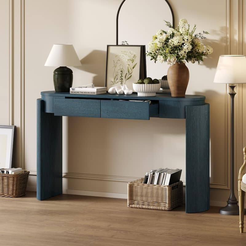 Modern Wooden Entryway Table with Oval Top and 2 Drawers for Living Room