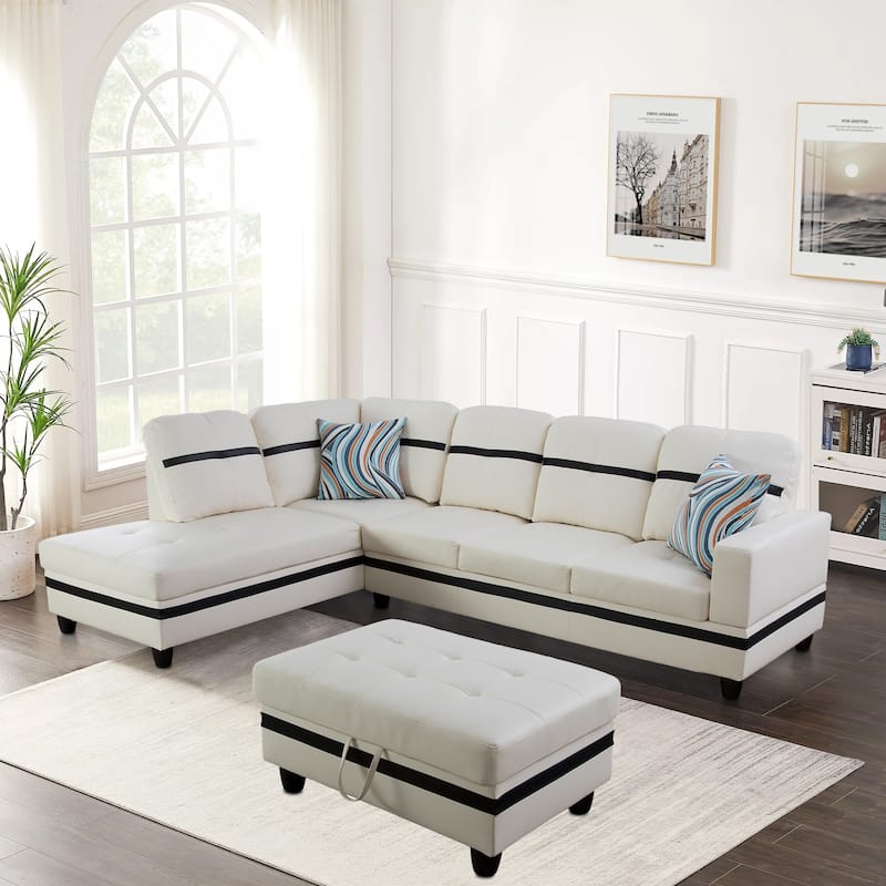 L-Shape Semi PU Leather Living Room Sofa Set with Ottoman,3-Piece - White - Left Facing