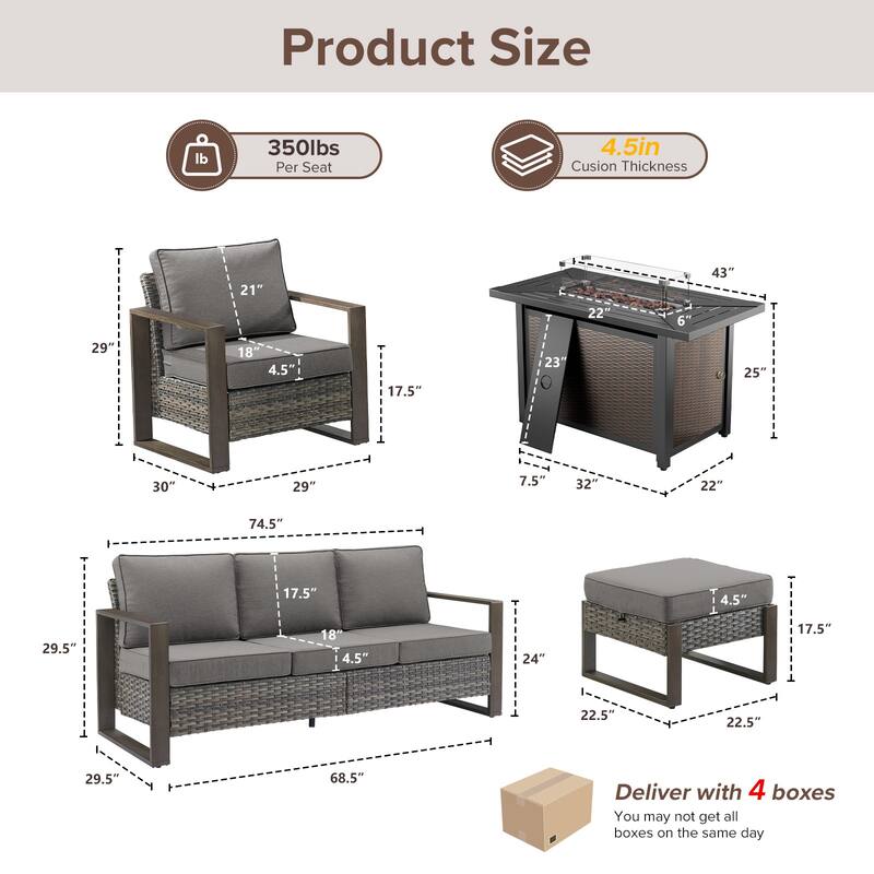 Meyreso Wicker Patio Conversation Set with Metal Fire Pit Table & Olefin Cushions