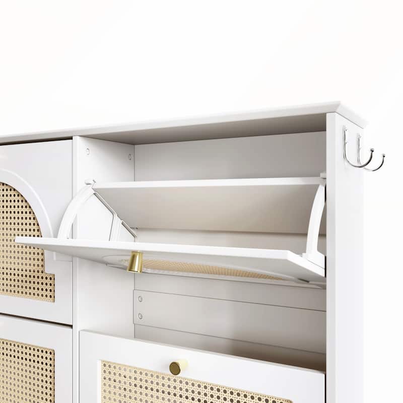 Mid-Century Narrow Design Tipping Bucket Shoe Cabinet with 4 Flip Drawers with Rattan Doors and Hooks