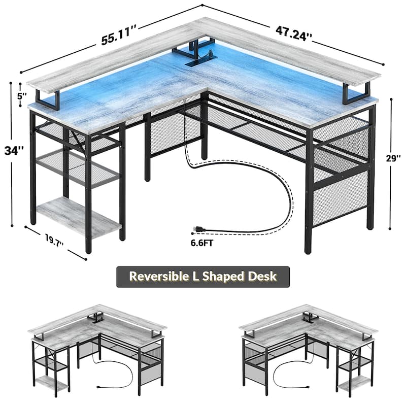 L Shape Computer Desk Reversible Gaming Desk with Charge Station and LED Light