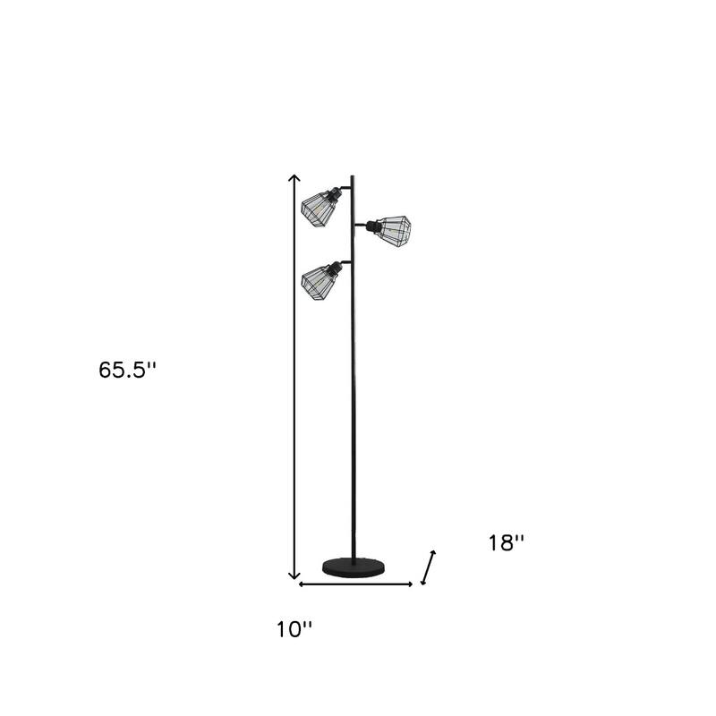 Black Metal Tree Floor Lamp with Cage Shades, Edison Bulbs and Foot Switch - 18” x 10” x 65.5” (D x W x H)