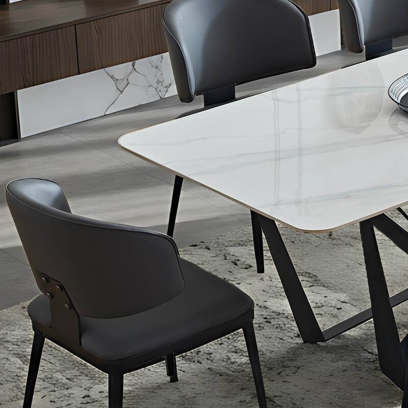 Modern Rectangular Sintered Stone Dining Table - Unique Natural Texture Tabletop with Black Metal Base