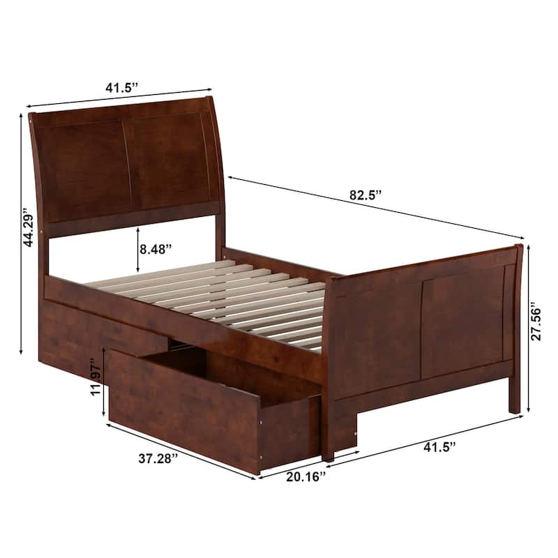 AFI Portland Twin Size Platform Bed with Matching Footboard & Storage Drawers in Walnut