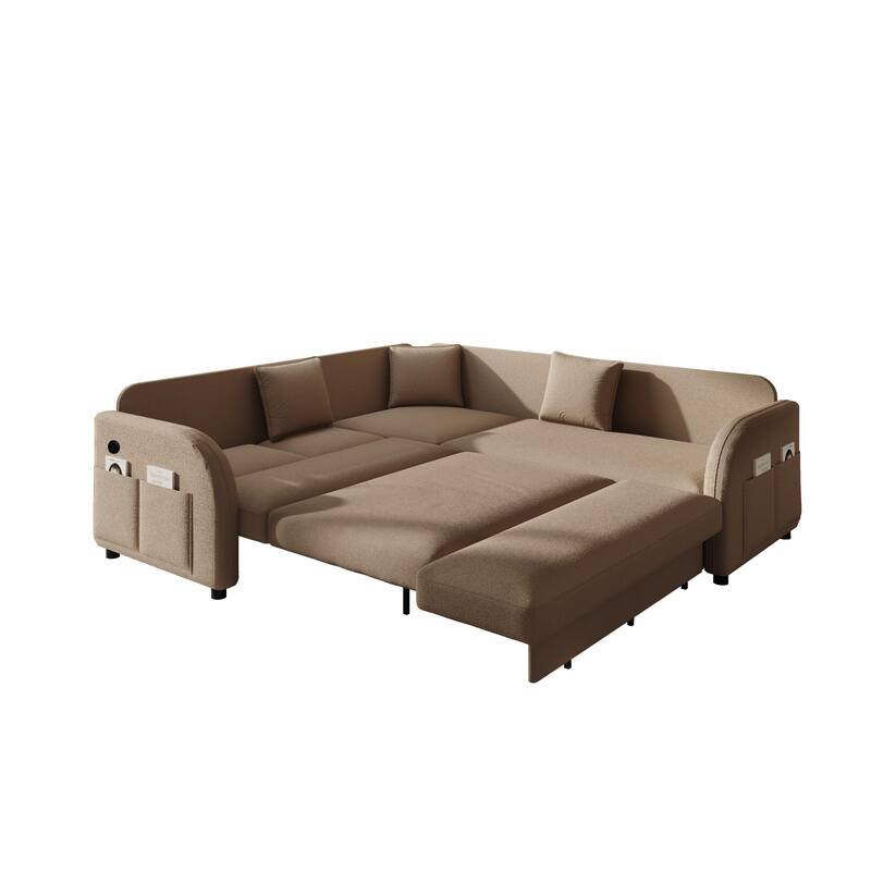 85" L-Shaped Convertible Sleeper Sofa with Pull-Out Bed, Teddy Upholstery & USB Ports