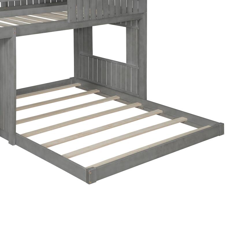 Twin Over Full Bunk Bed with Playhouse, Farmhouse Design, Ladder and Guardrails, Antique Gray